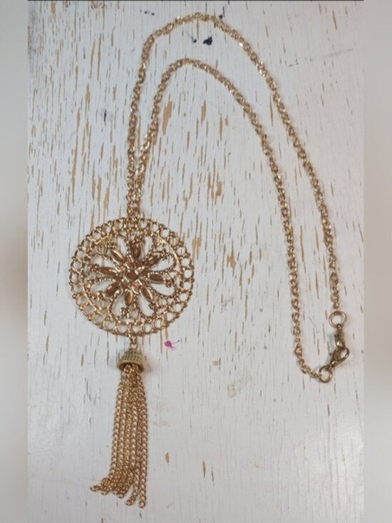Jewelry - Single Gold Chain Long Necklace with Gold Sun Medallion Pendant & Tassel